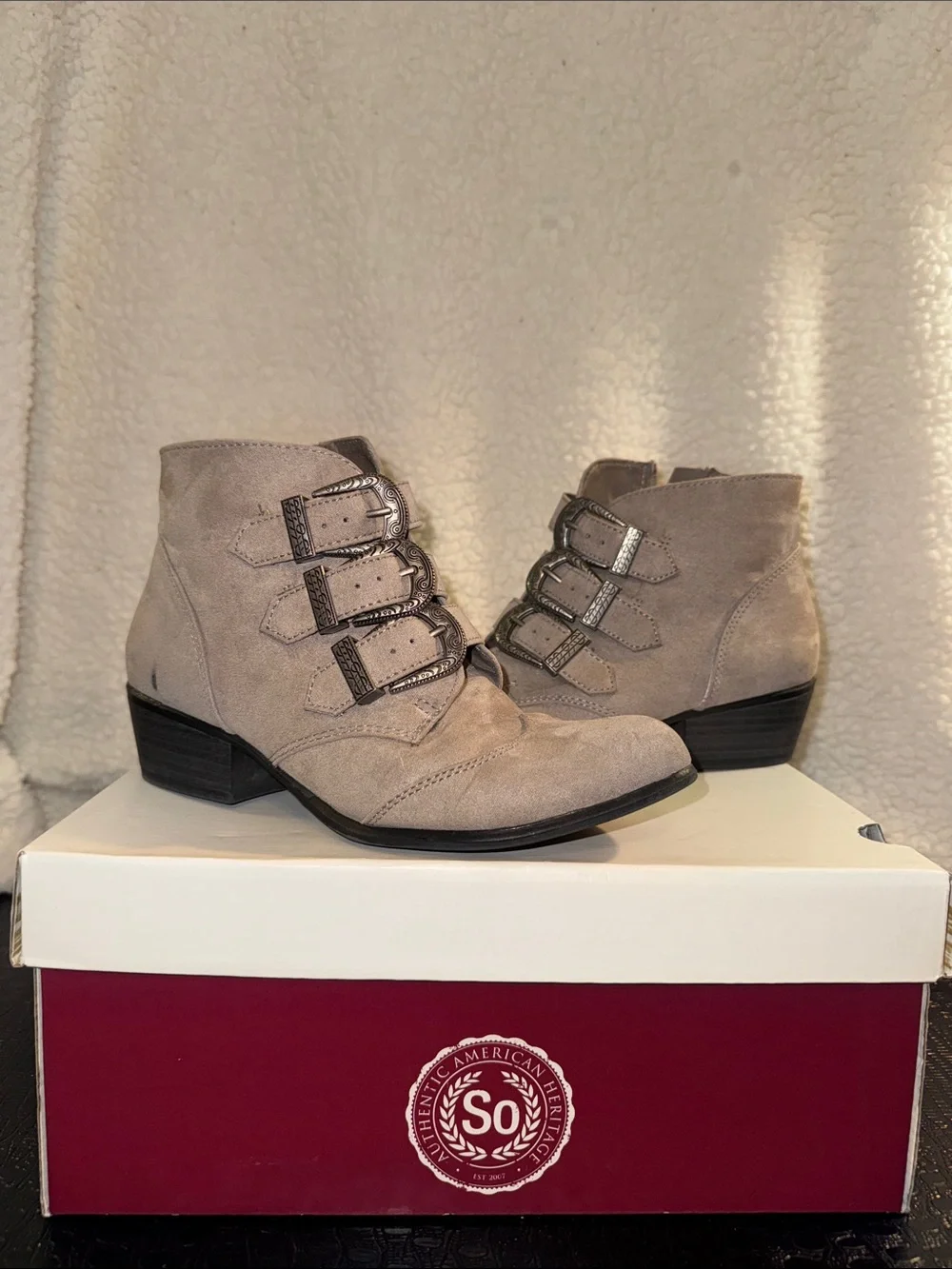 SO Taupe Suede Triple Buckle Ankle Boots